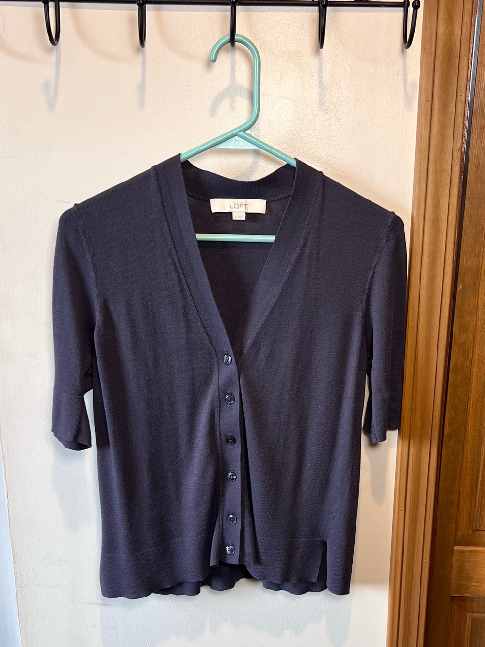 LOFT Dark Navy V-Neck Short Sleeve Button Cardigan